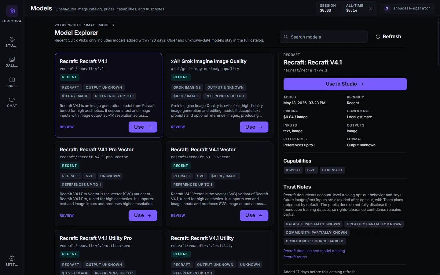Live OpenRouter model catalog with per-image pricing