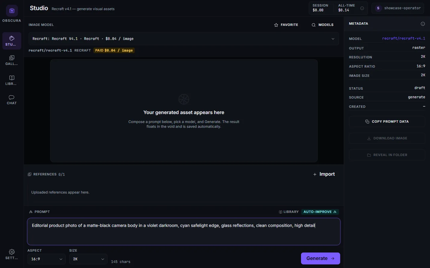 The Studio, compose a prompt, pick a model, and see the cost before you generate