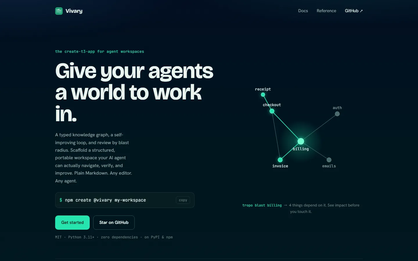 Vivary landing page showing the agent-workspace scaffold and typed graph concept